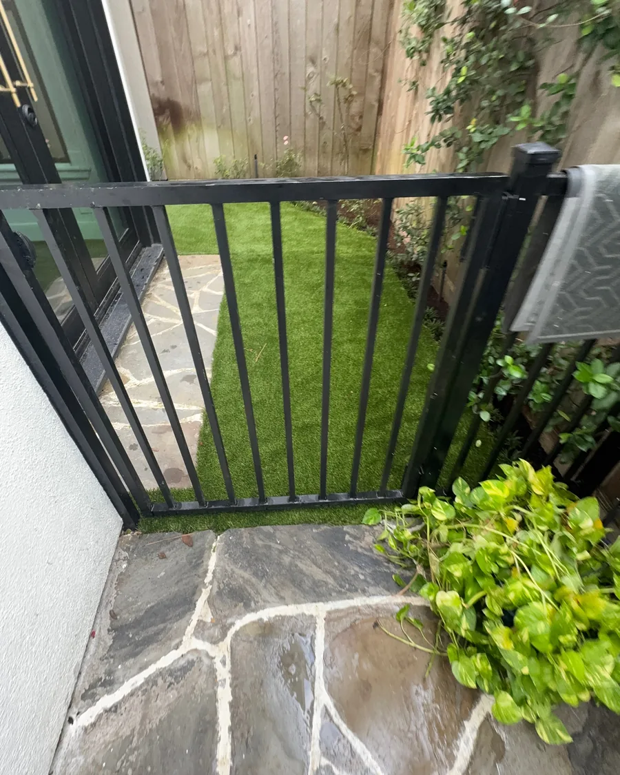 Turf lawn behind an iron gate, meeting a flagstone path