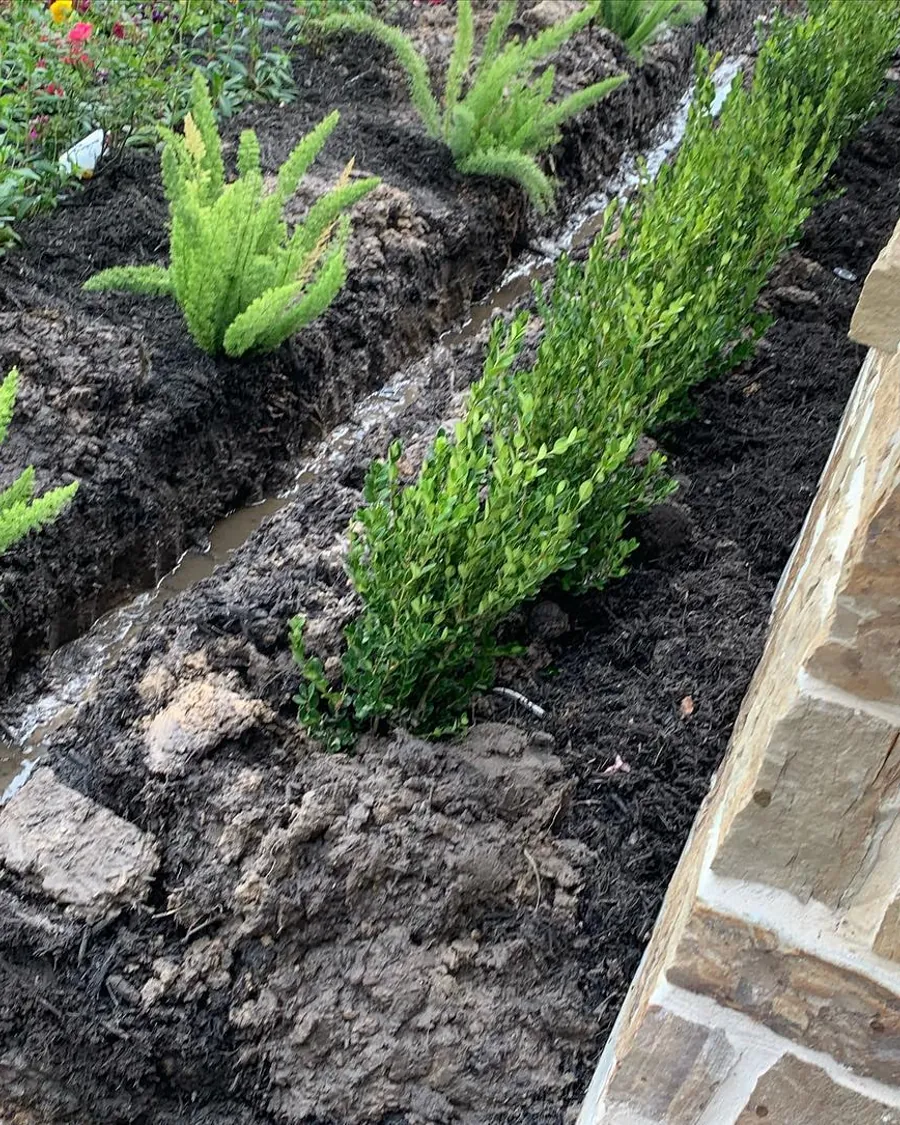 Fresh planting beds with a stone border