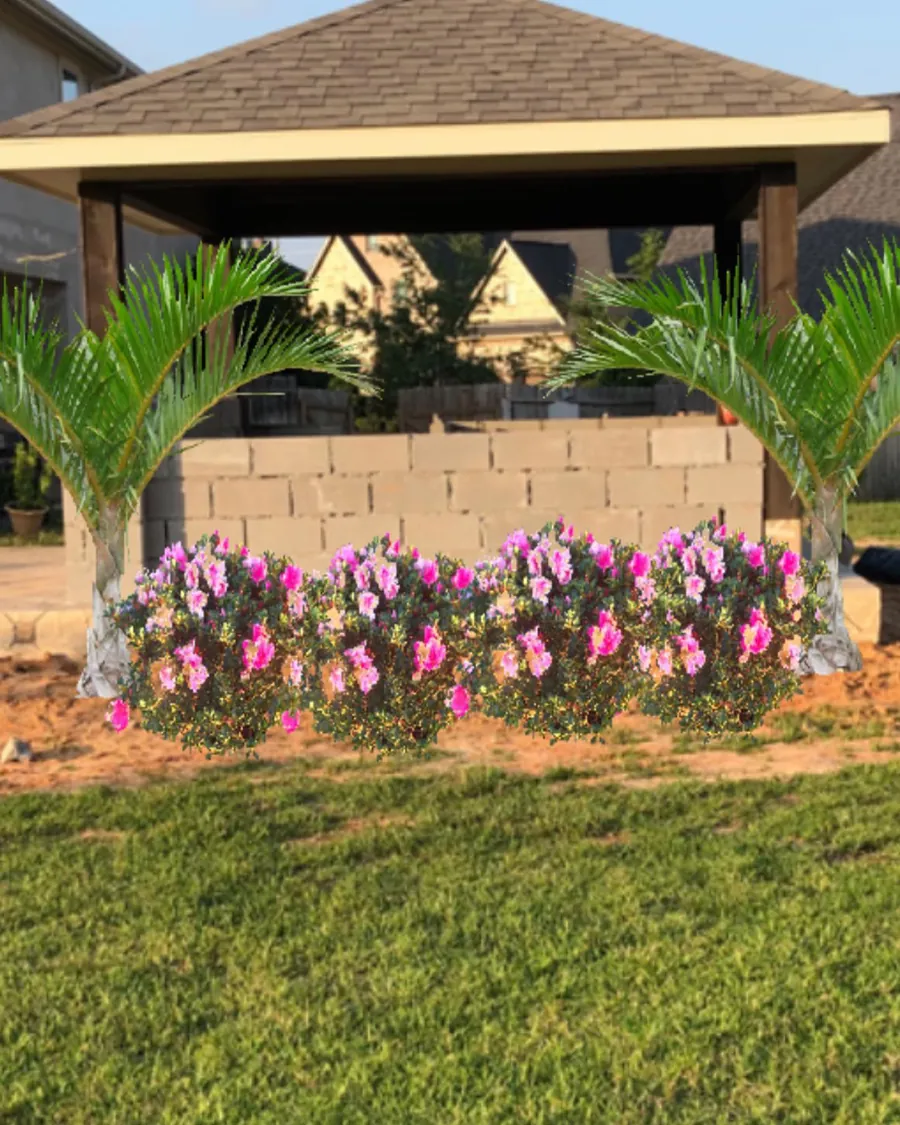 Flowering beds with blooms and a palm along a wall