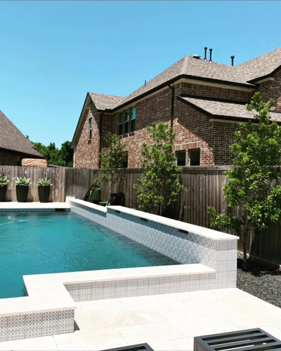 Modern pool with a tiled spa wall, potted plantings and a screened fence line
