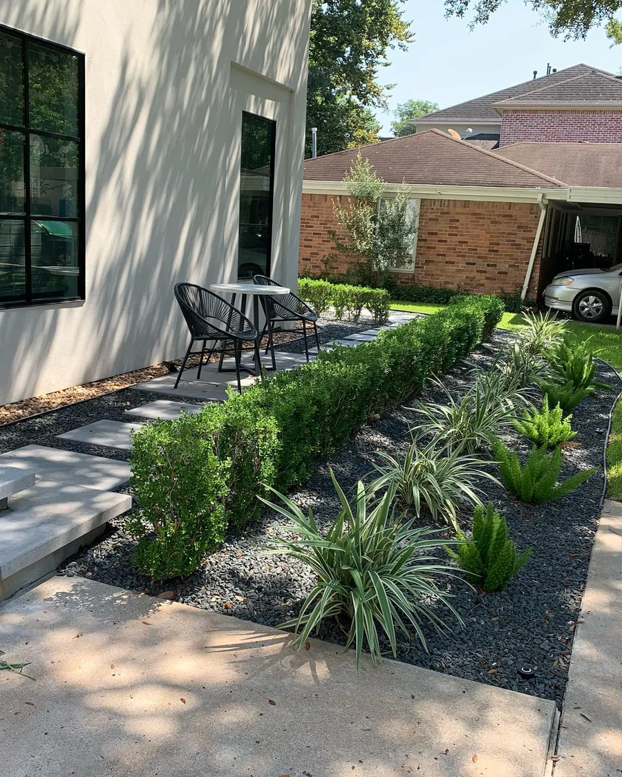 Paver walkway edged with boxwood hedge and ornamental grasses