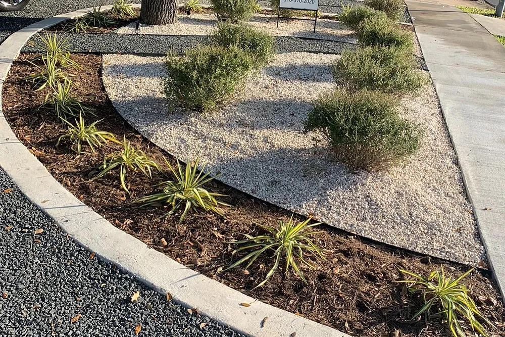 Modern landscape design with river rock and ornamental grasses